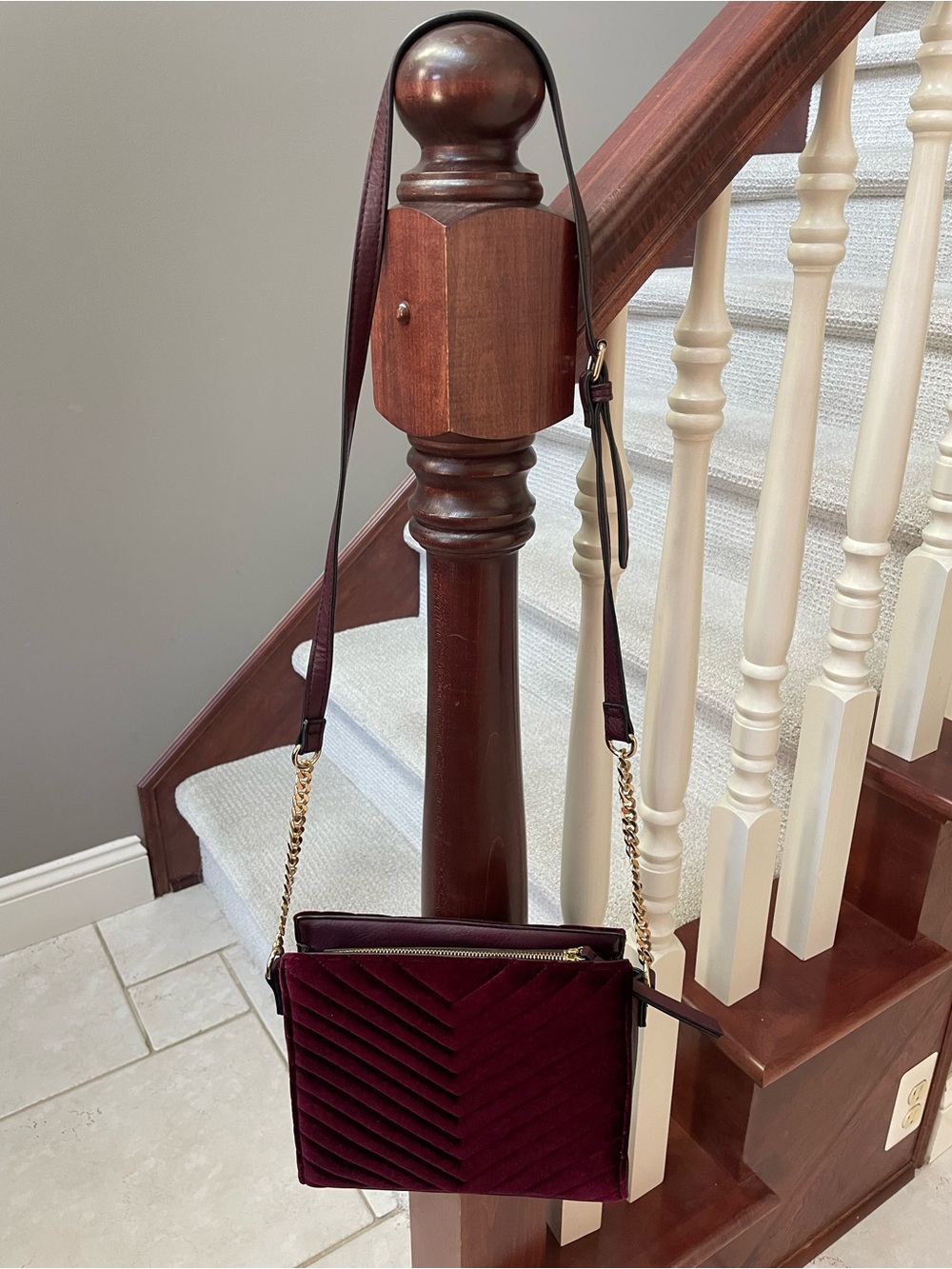 Burgundy Velvet Chevron Pattern Gold Hardware Crossbody Bag Purse Holidays